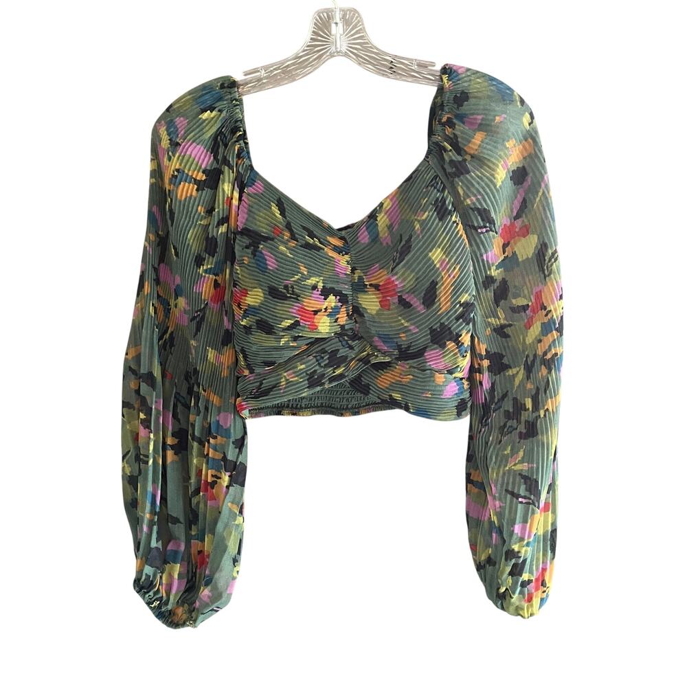 Japna Cropped Pleated Smocked Top Long Balloon Sleeves Semi-Sheer M